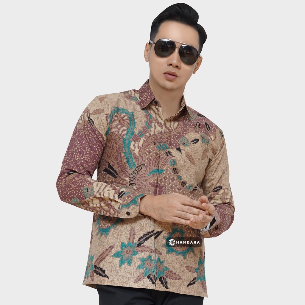 Baju Kemeja Batik Pria Lengan Panjang Slim Fit Premium Modern Full Furing Katun Halus Original Handara Motif Sundara Krem Ungu HB-261