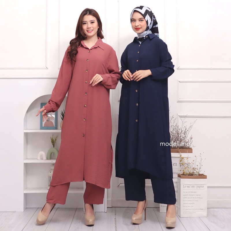 SETCEL TUNIK BELLA STELAN CELANA LONG TUNIK RAYON CRINKLE KANCING BUSUI BUMIL JUMBO BIGSIZE XXL KARET MELAR GROSIR