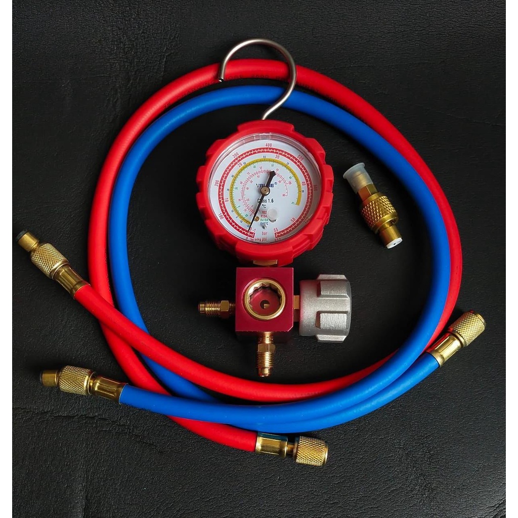 Manifold Ac single value R410 R32 R22 R134 plus selang R22 dan conector R410 TESTING METER alat isi (800PSI)