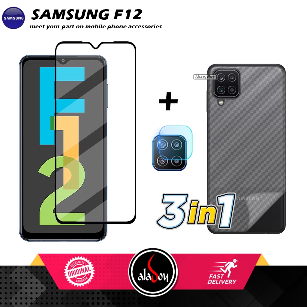 PROMO 3 IN 1 PAKET Tempered Glass SAMSUNG F12 Free Tempered Glass Camera dan Skin Carbon