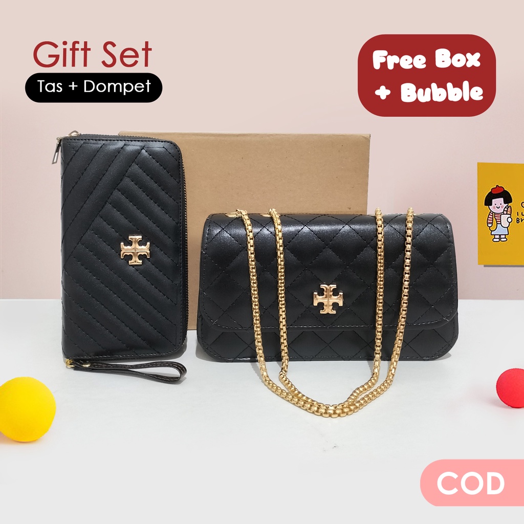 Set tas wanita dan dompet murah paket sling bag dan wallet cewek tempat hp dan uang motif bordir garis kulit sintetis terbaru kekinian