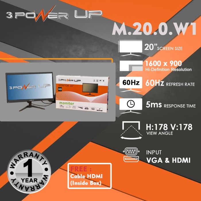 Monitor LED 20&quot; Power Up M.20.0.W1 20&quot; 900P 60Hz 5 ms