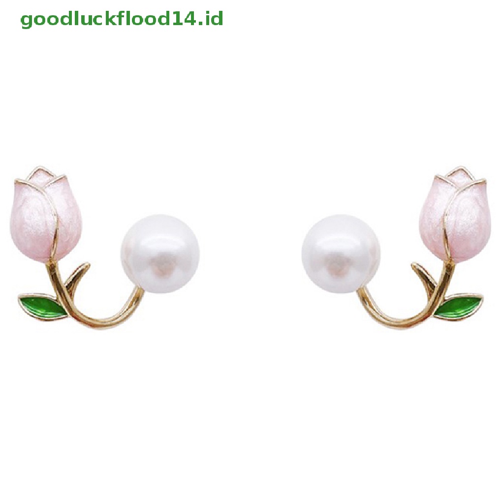 Anting Stud Bentuk Bunga Tulip Warna Pink Aksen Mutiara Gaya Korea