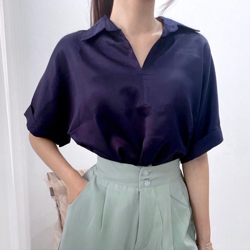 RANIA V-Neck Blouse Satin / Baju Wanita Casual / Kemeja Lengan Pendek Berkerah / Atasan Wanita Kerja 0360