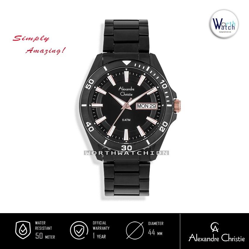 Jam Tangan Pria Alexandre Christie Sport Black Stainless Steel Rosegold Crown Original AC-6512