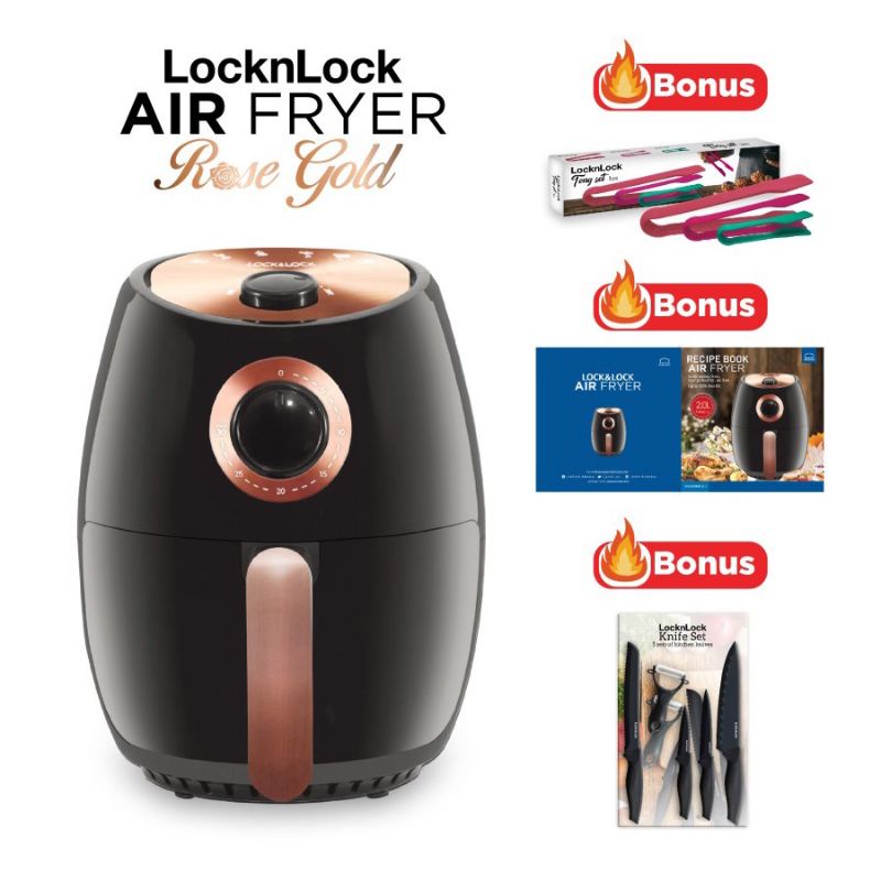 [JUAL RUGI, LIKE NEW] LOCK N LOCK AIR FRYER ROSE GOLD SERIES. BONUS 3 PCS & RESEP