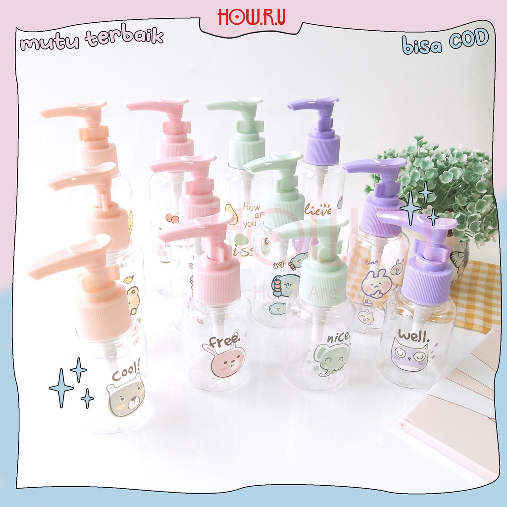 HOW.R.U | 50 - 75 - 100ml - Botol Pump Tuas Besar Motif Karakter Lucu / PET / Tebal / Import / Tempat Disinfektan / Lotion / Cream