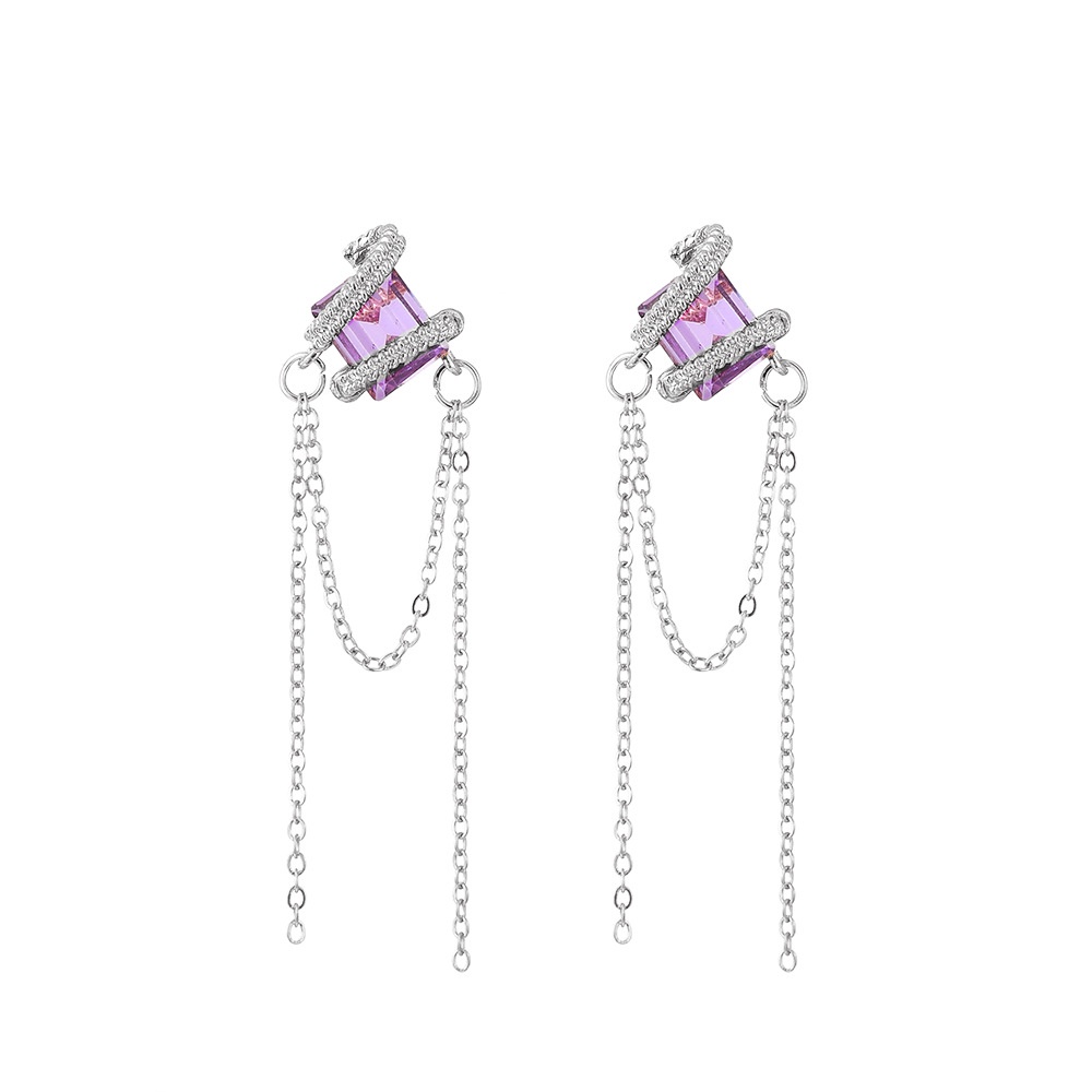 Anting Tusuk Gantung Desain Geometri Hias Zircon Ungu Untuk Wanita