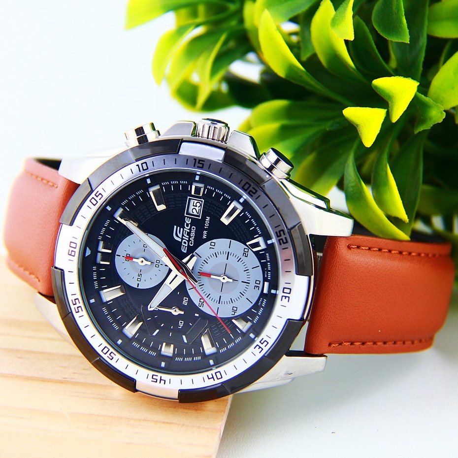 Jam Tangan Pria C*s*o ED*F*C* EFR-539L-1BV EFR-539 Chronograph Silver Brown Leather