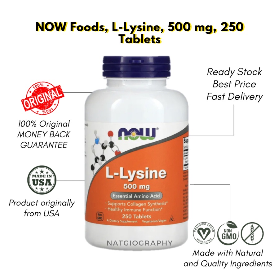 NOW Foods L-Lysine L Lysine 500 mg 250 Tablets