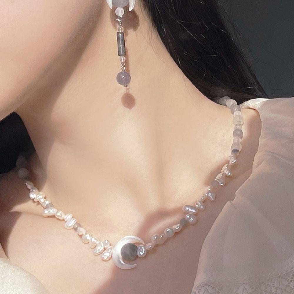 NEEDWAY Needway Wanita Kalung Kreatif Fashion Mutiara Bulan Cinta Antara Peri Dan Setan Klavikula Rantai Kalung Sabit Liontin Kalung