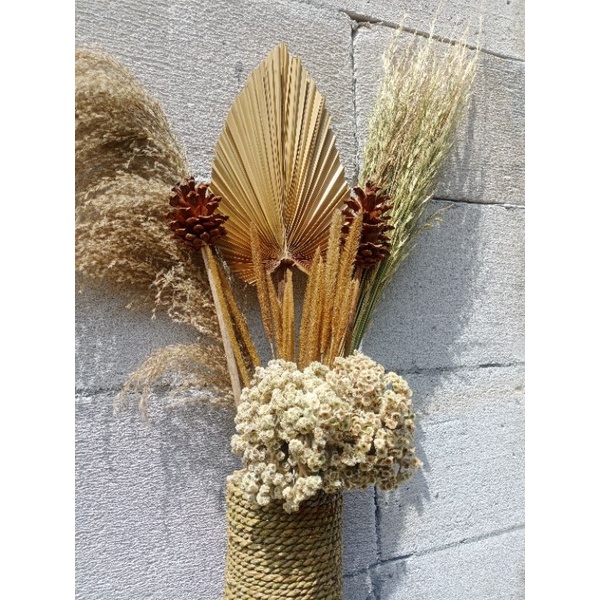Paket Dekorasi Rustic dan Pot Mendong | Daun Palem Kering | Pampas | Pinus | Edelweis | Dekorasi Rus