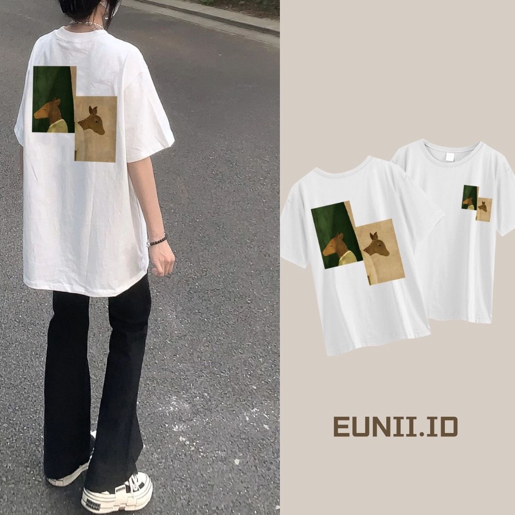 EUNII T-shirt Lengan Pendek Kartun Rusa Pencetakan Longgar Korean Style/Kaos Atasan Wanita/Baju Kaus Oversize Wanita