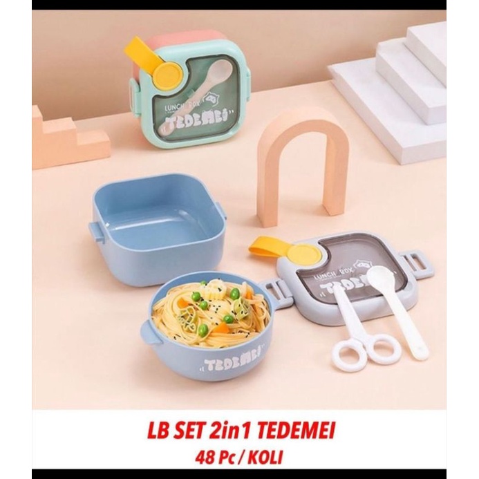LUNCH BOX TEDEMEI 2IN1 set ready 2 in 1 bekal ada sendok dan gunting