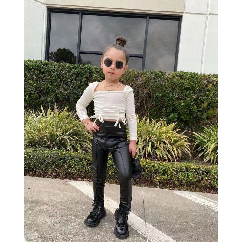 SET ANAK CELANA KULIT HITAM + BAJU PUTIH 90-130 IMPORT