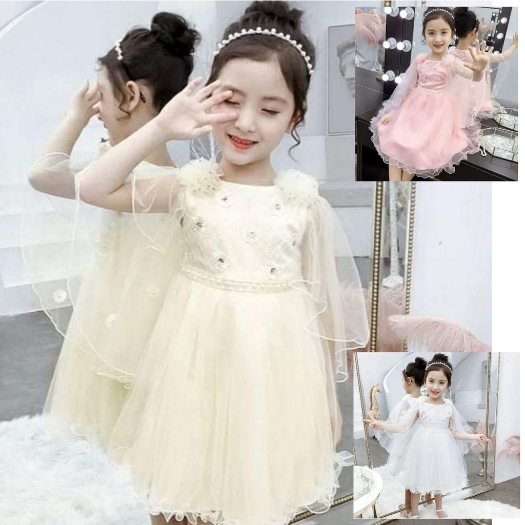 PREMIUM Dress Gaun Pesta Anak Import Tile Tulle Mutiara Slayer Lengan