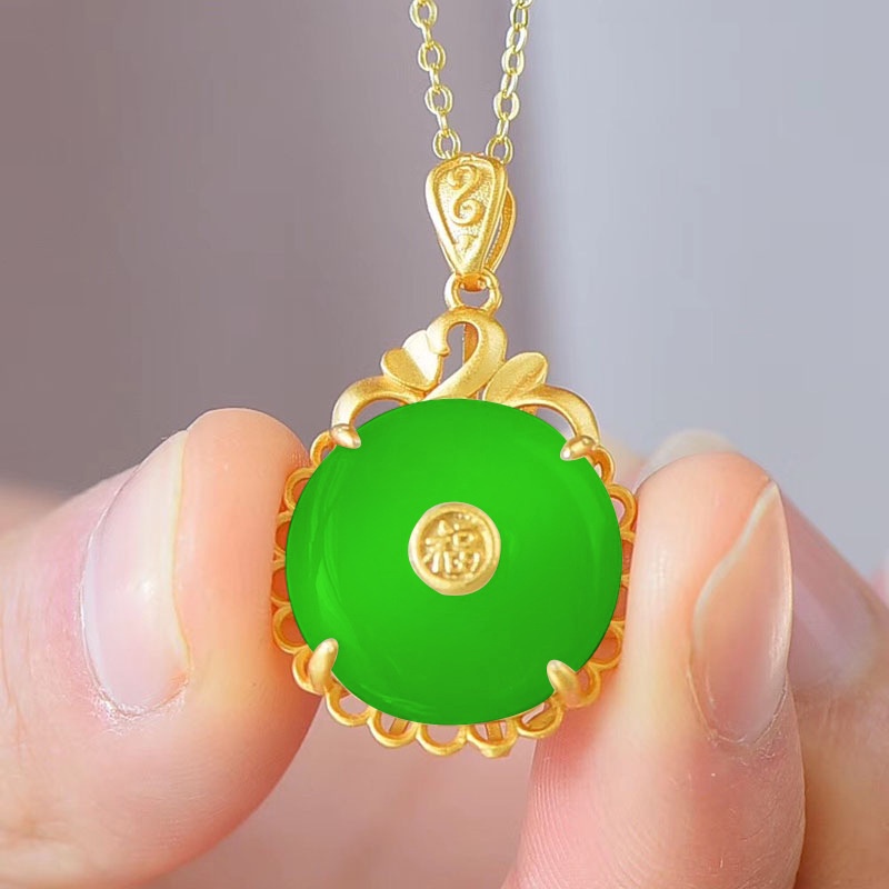 Goldkingdom Perhiasan Fashion Emas Asli Kadar 375 Bangkok Aksesoris Ready Stock Warisan Kata Berkah Sepuhan Retro Hetian Jade Aman Gesper Liontin Giok Wanita Untuk Ibu
