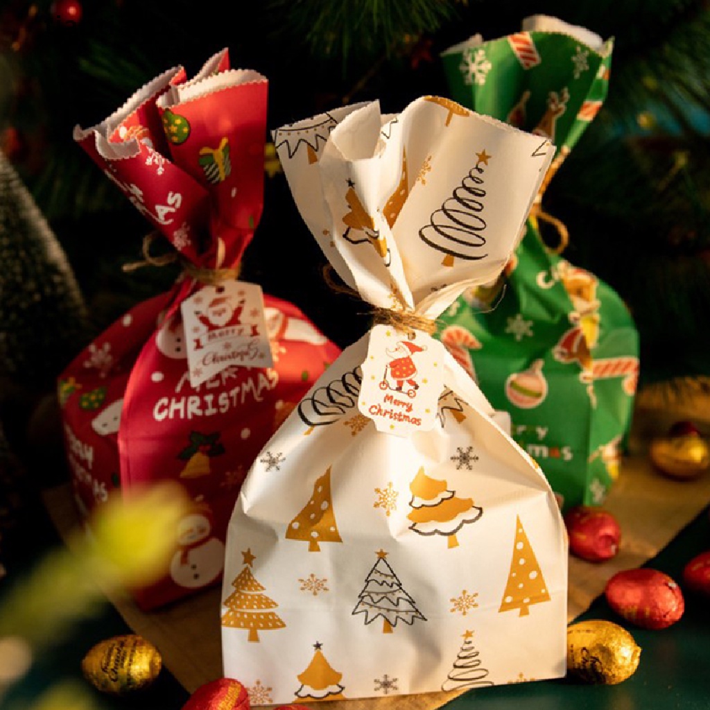 [tiantianbaofu] 24 Pcs Christmas Kraft Paper Bags With 24 Pcs Labels Santa Snowman Candy Bag Boutique