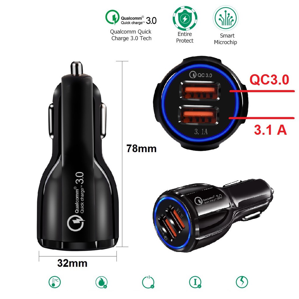 Mobil Charger HP 2 Port USB HP Car Charger Super Fast Charging 3.1A Qualcomm QC3.0 8A