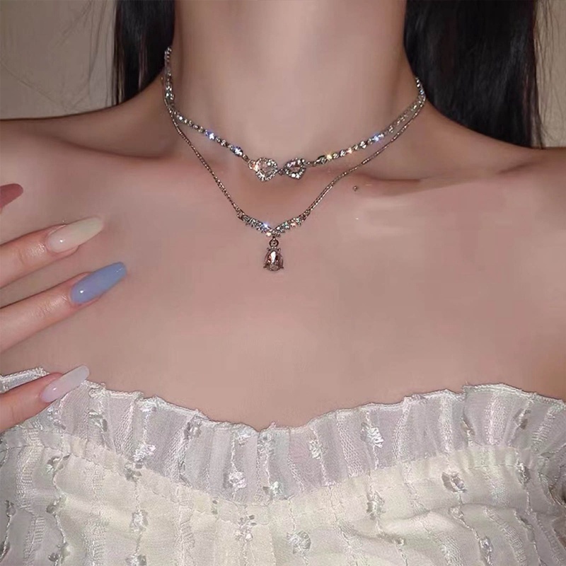 Kalung Rantai Ganda Bentuk Hati Aksen Berlian Imitasi Bahan Alloy Untuk Wanita