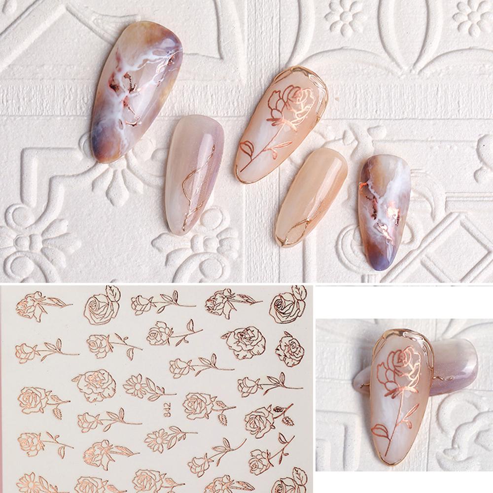 AUGUSTINA Agustina Rose Print Nails Sticker Emas Laser Bunga Mawar Putih Perekat Diri Hitam Nail Art Stickers