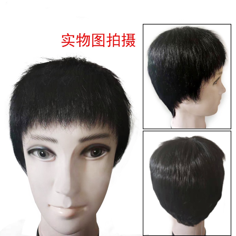 Anak laki-laki wig rambut asli laki-laki setengah baya dan tua wig set rambut pendek alami tampan