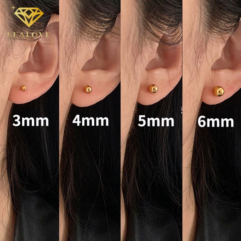 SEALOVE Anting Titanium Wanita Anti Karat Needle Bentuk Emas Bola Manik-Manik Stud Earrings Hypoallergenic Ukuran Kecil 4MM 6MM