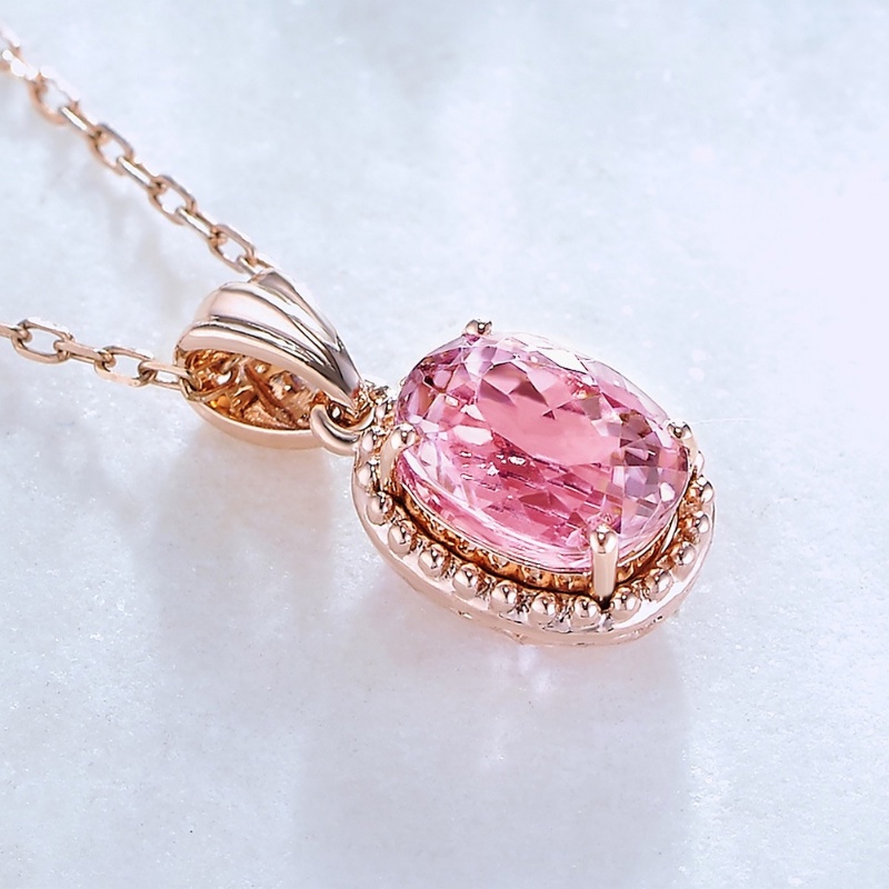 Kalung Lapis Rose Gold Emas Asli Kadar 375Hias Liontin Kristal Turmalin Pink Untuk Wanita