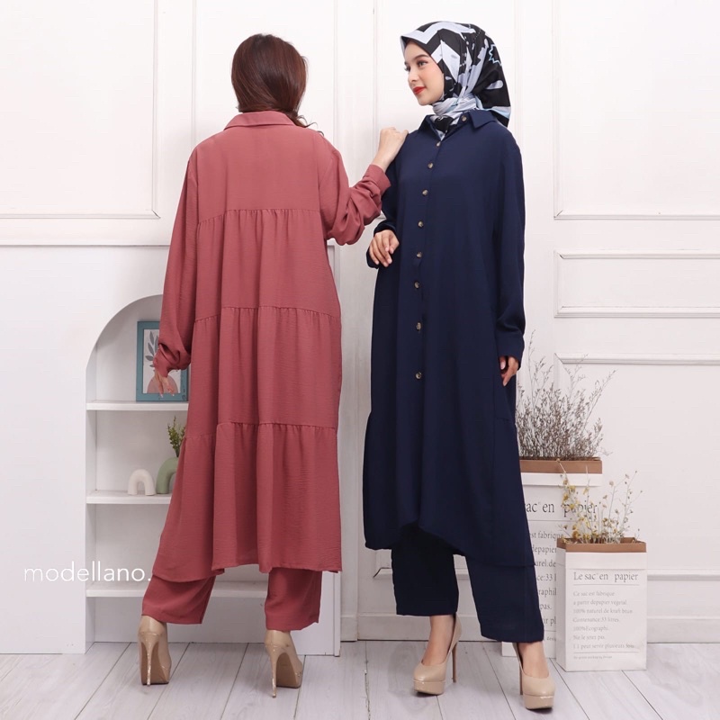 SETCEL TUNIK BELLA STELAN CELANA LONG TUNIK RAYON CRINKLE KANCING BUSUI BUMIL JUMBO BIGSIZE XXL KARET MELAR GROSIR