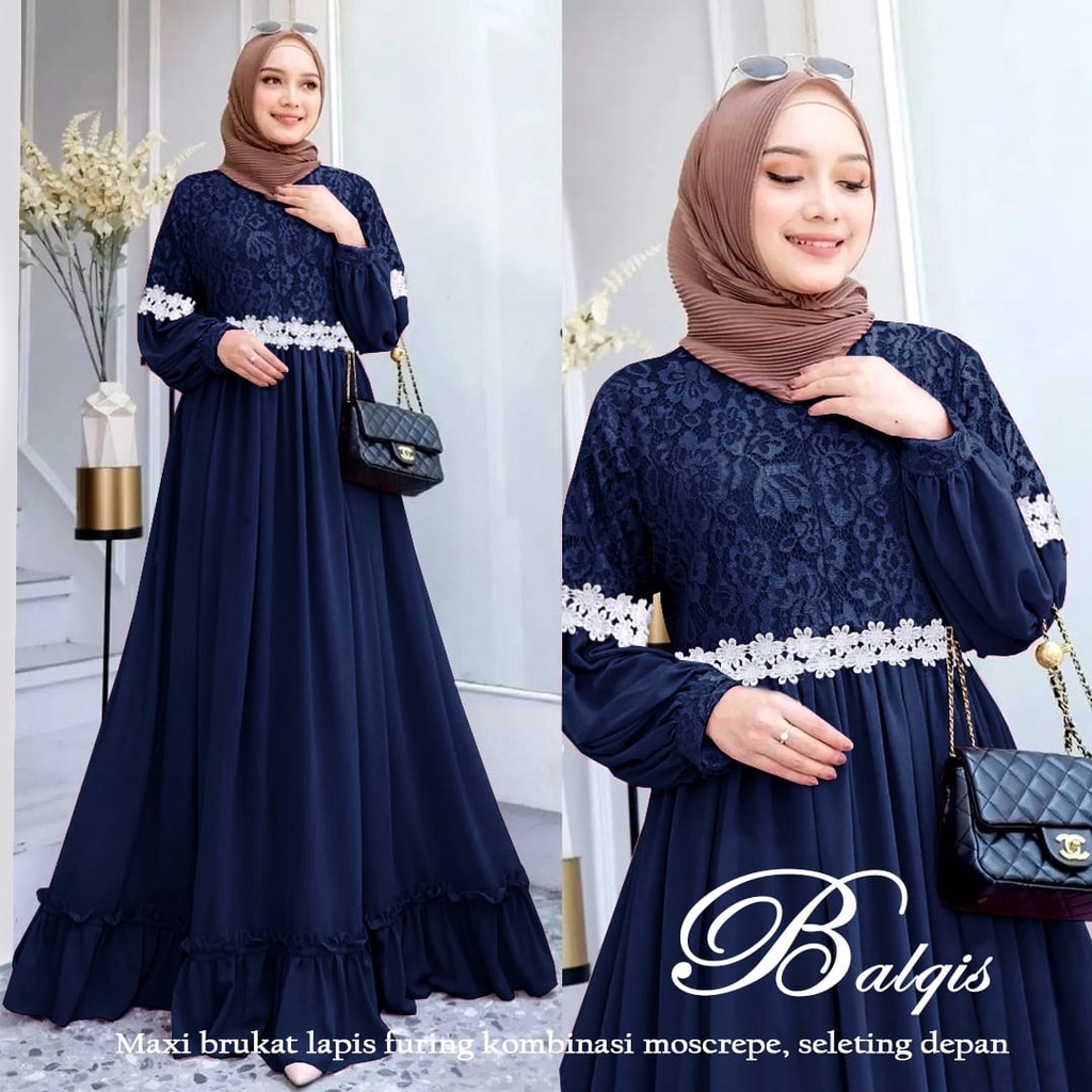 HOPYLOVY - Maxi Dress Brukat Kombinasi Renda Bunga Balqis