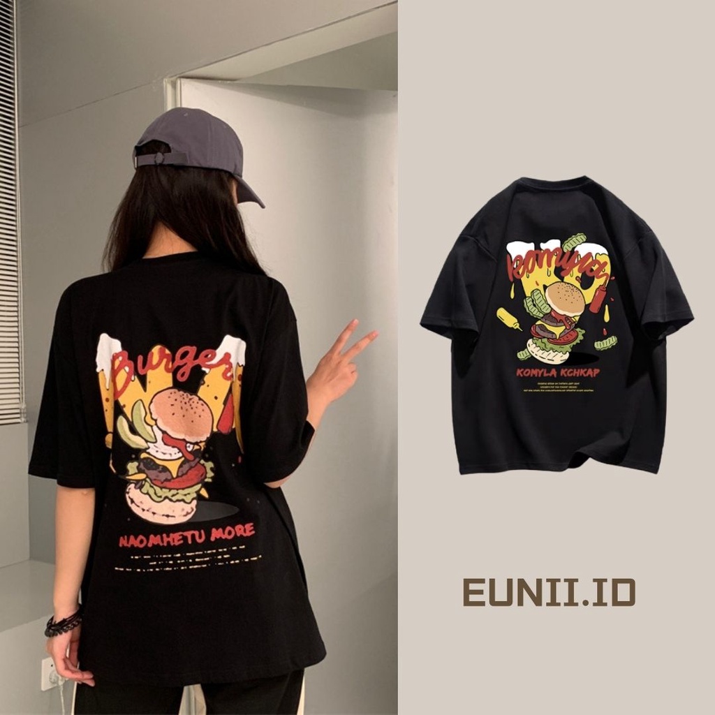 EUNII T-shirt Lengan Pendek Kartun Roti Isi Daging Pencetakan Longgar Korean Style/Kaos Atasan Wanita/Baju Kaus Oversize Wanita