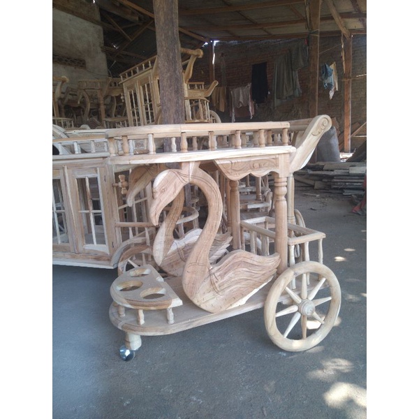 Meja Teh Dorong Angsa Troly Dorong Angsa Kayu Jati