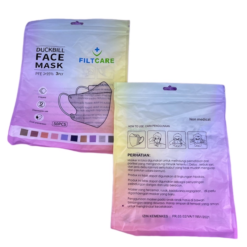 MASKER DUCKBILL FILTCARE WARNA  WARNI 3PLY ISI 50PCS PREMIUM QUALITY 3D / MASKER DUCKBILL MIX WARNA