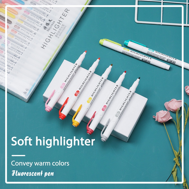 6PCS Spidol Highlighter Dua Sisi Ujung Lembut-Won