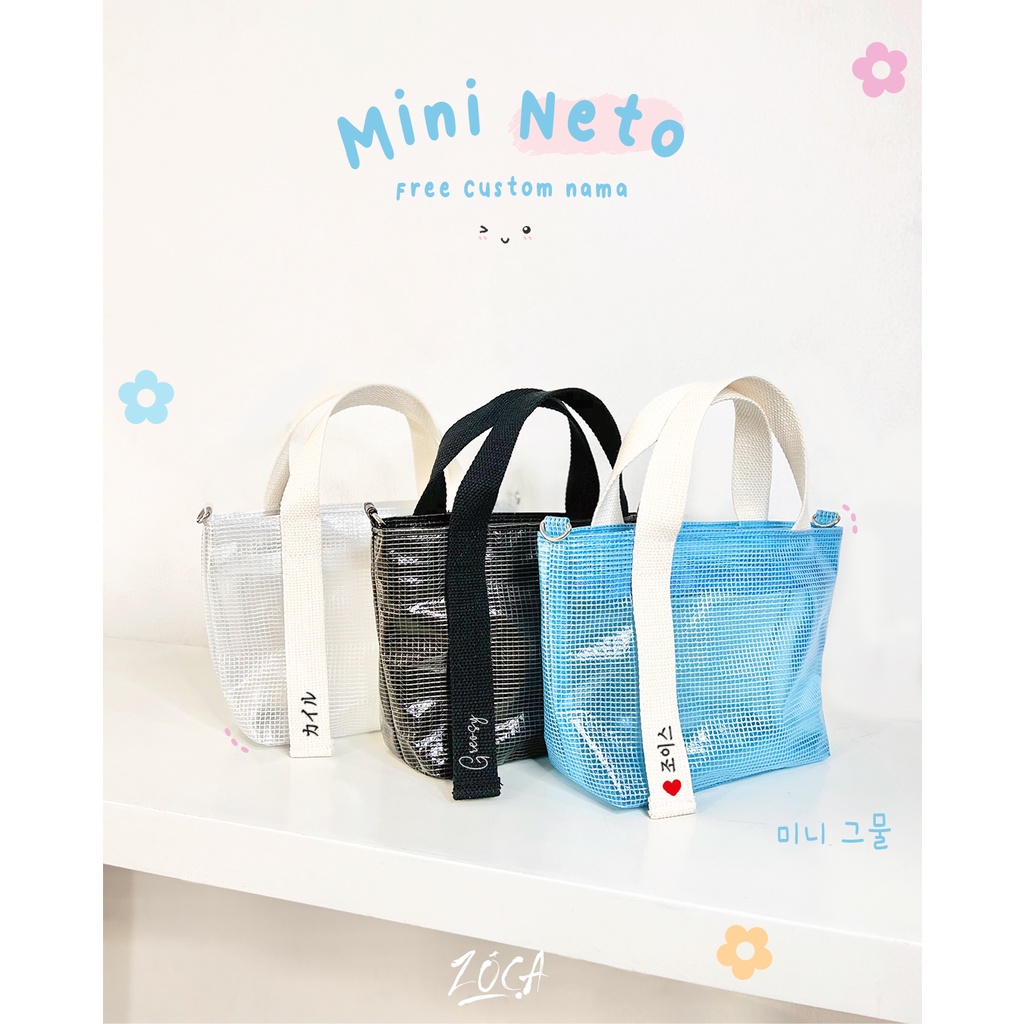 MINI NETO BAG - PVC JARING ( FREE CUSTOM NAMA ) TOTE BAG / HAND BAG / TAS WANITA / TAS MIKA / TAS JELLY KOREA / TAS KONSER