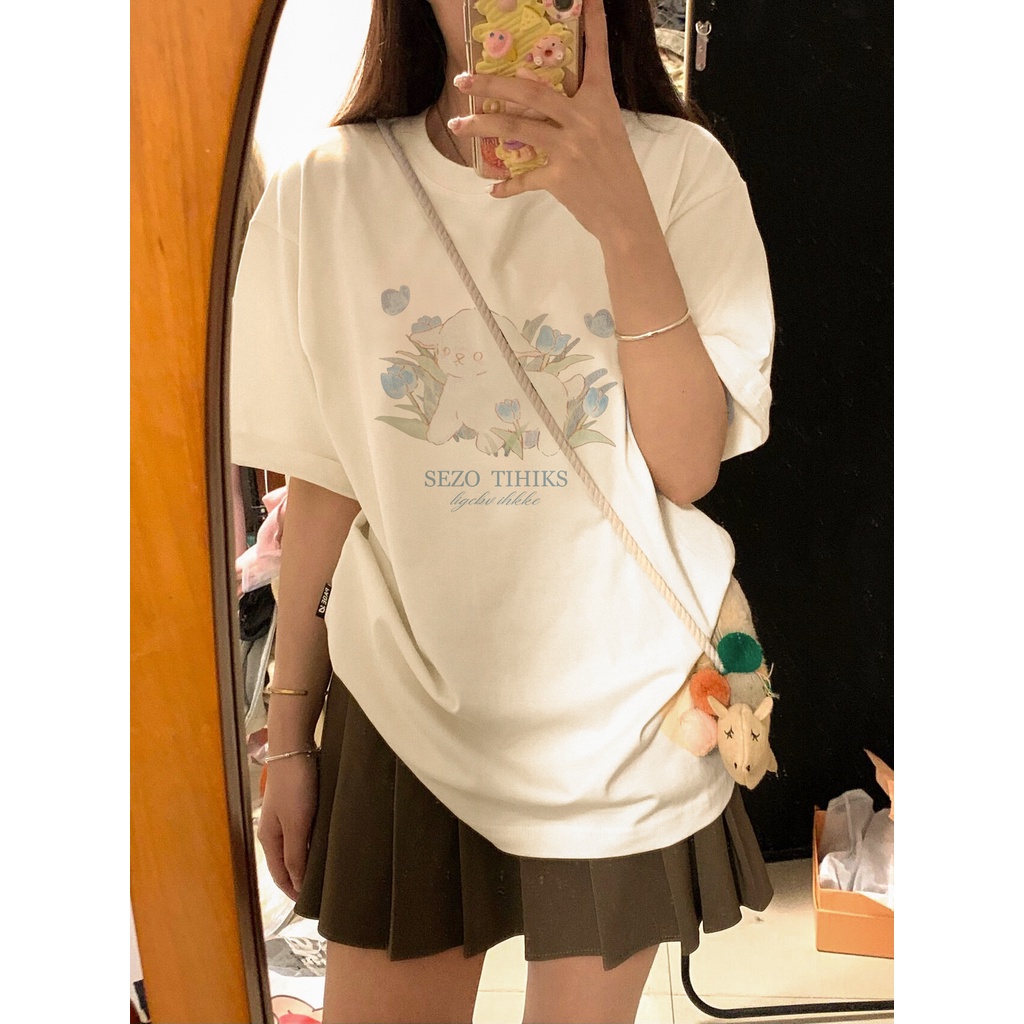 EUNII T-shirt Lengan Pendek Kartun Imut Domba Pencetakan Longgar Korean Style/Kaos Atasan Wanita/Baju Kaus Oversize Wanit