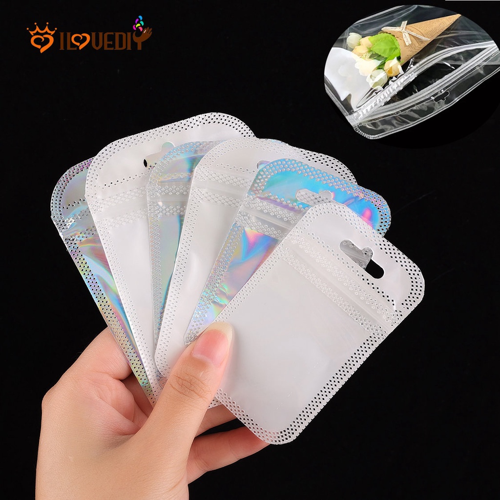 50pcs Kantong Plastik PE Mini Transparan Tebal Isi Ulang Dengan Lubang Gantung Untuk Perhiasan