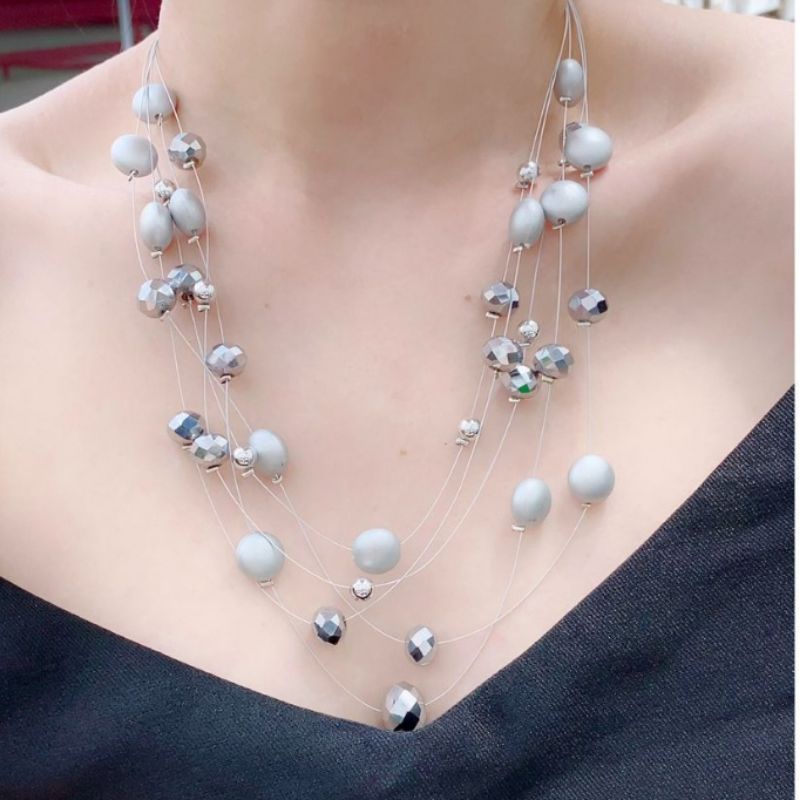 Kalung Premium Mutiara Mix Silver925 perak  model susun Premium Quality tidak karatan Ts0246