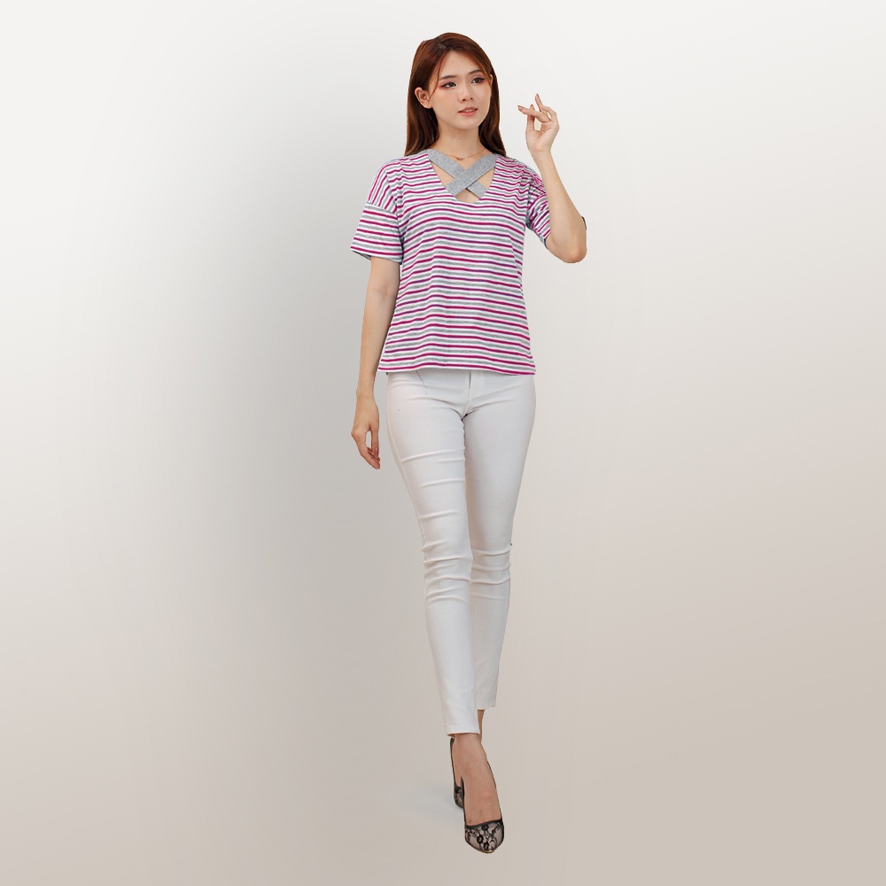 Kaos Lengan pendek wanita gaya korea corak salur variasi kancing jahitan leher - XSHOP Aoife