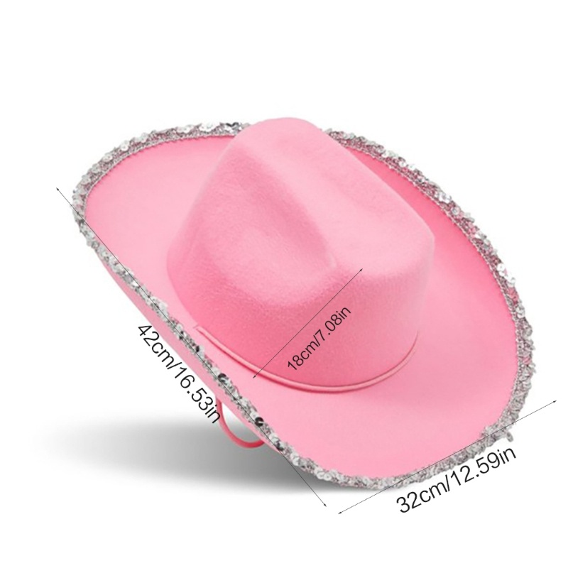 Topi Cowgirl Warna Pink Aksen Sequin Untuk Pesta Halloween