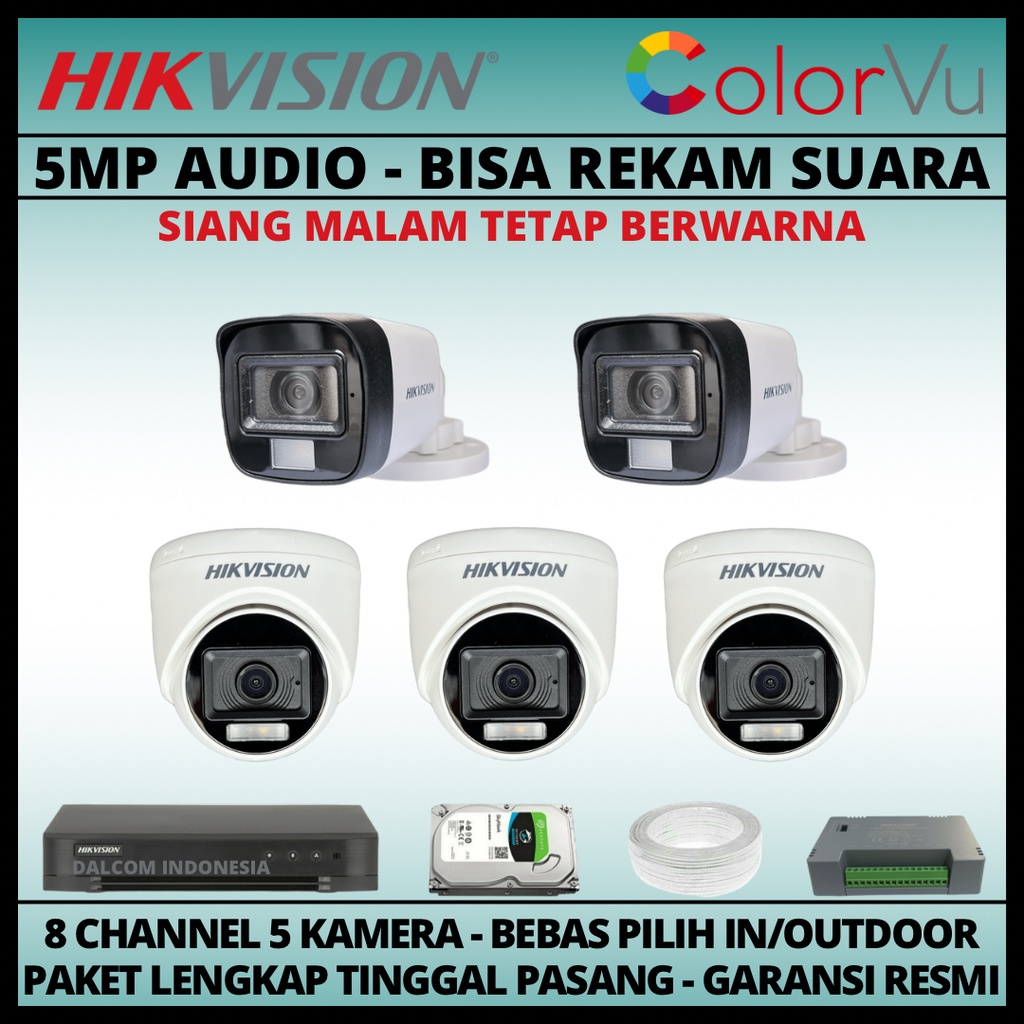 PAKET CCTV HIKVISION COLORVU 5MP 8 CHANNEL 5 KAMERA COLORFUL