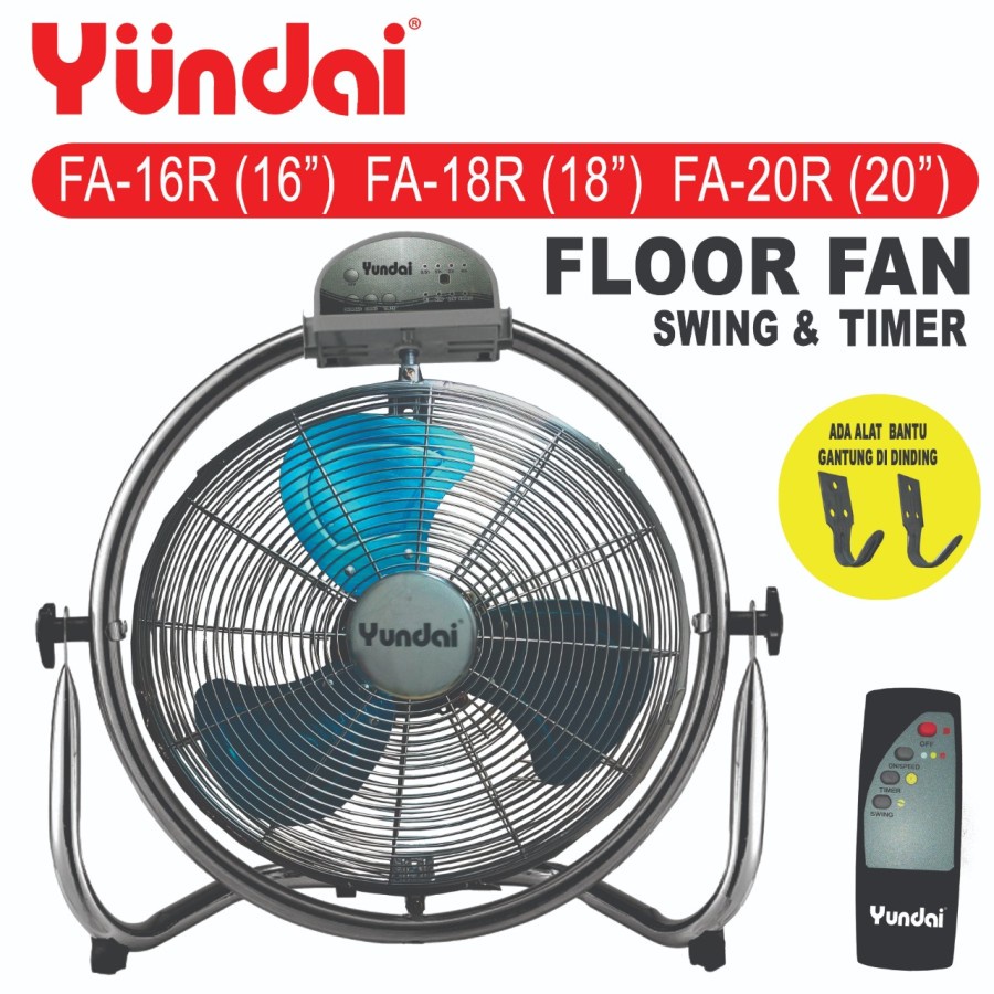 Kipas Angin Besi YUNDAI 14" Floor Fan Remote Wall Fan 14R 14 inci 3in1