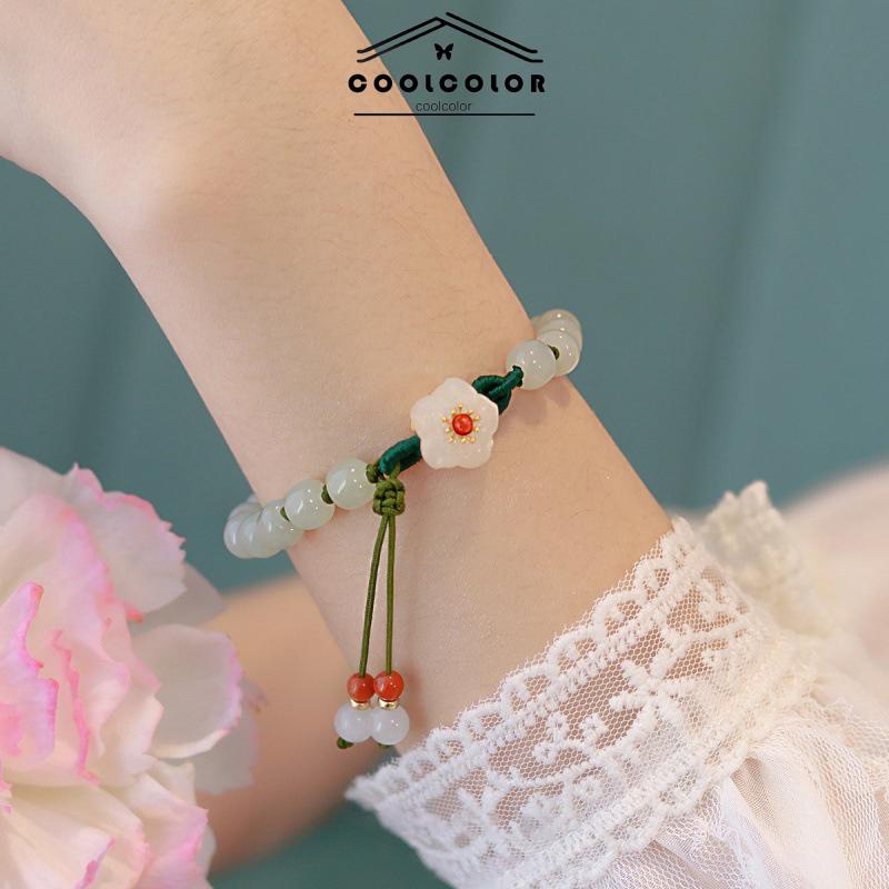 COD❤️Jade Bead Gelang Kecil Peach Blossom Woven Perempuan Desain Niche Mahasiswa Pacar Hadiah- cl