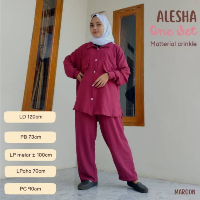 Alesha Oneset bahan rayon crinkle Airflow Ld120cm setelan dewasa tangan panjang celana panjang polos