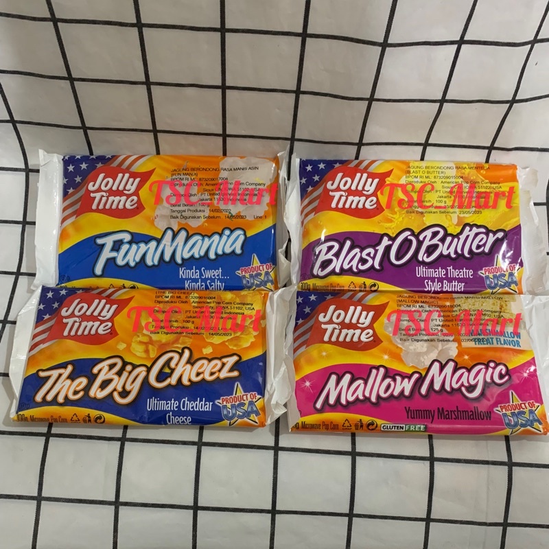 

Jolly Time Blast O Butter / Jolly Time The Big Cheez / Jagung Berondong Rasa Mentega / Keju / Popcorn / Jolly Time Fun mania / Jolly Time Mallow Magic / Jolly / Time / Jagung / Berondong / rasa / Manis / Mallow / asin
