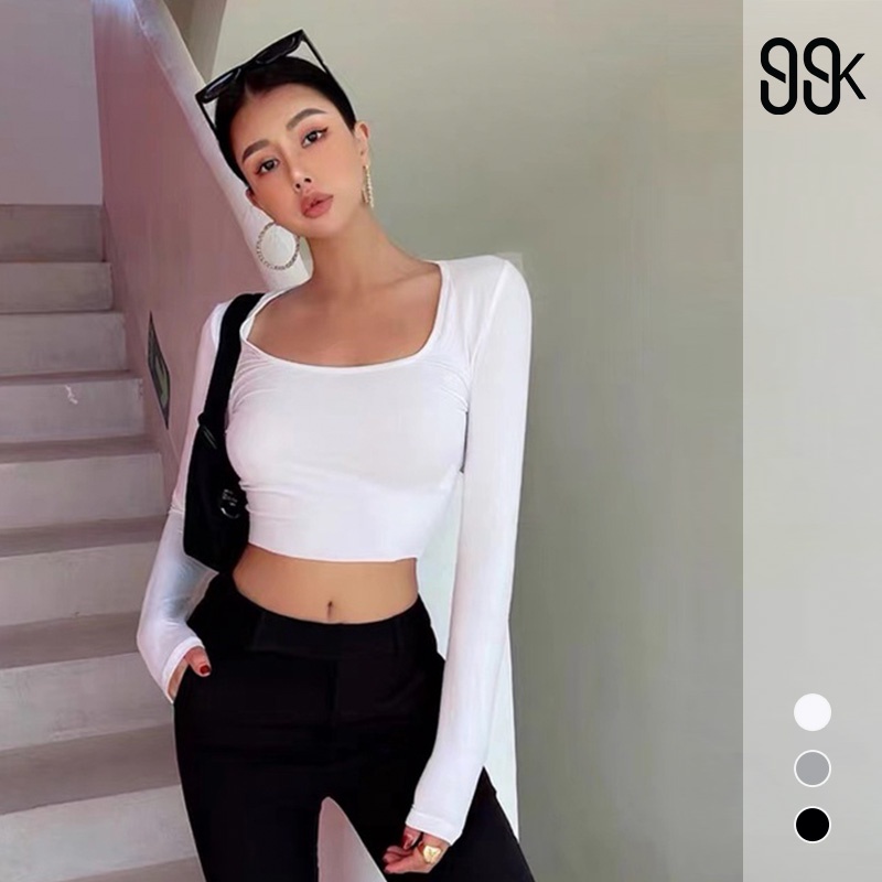 Long Sleeve Scoop Neckline Crop Top Atasan Wanita 1432 (S-XL)