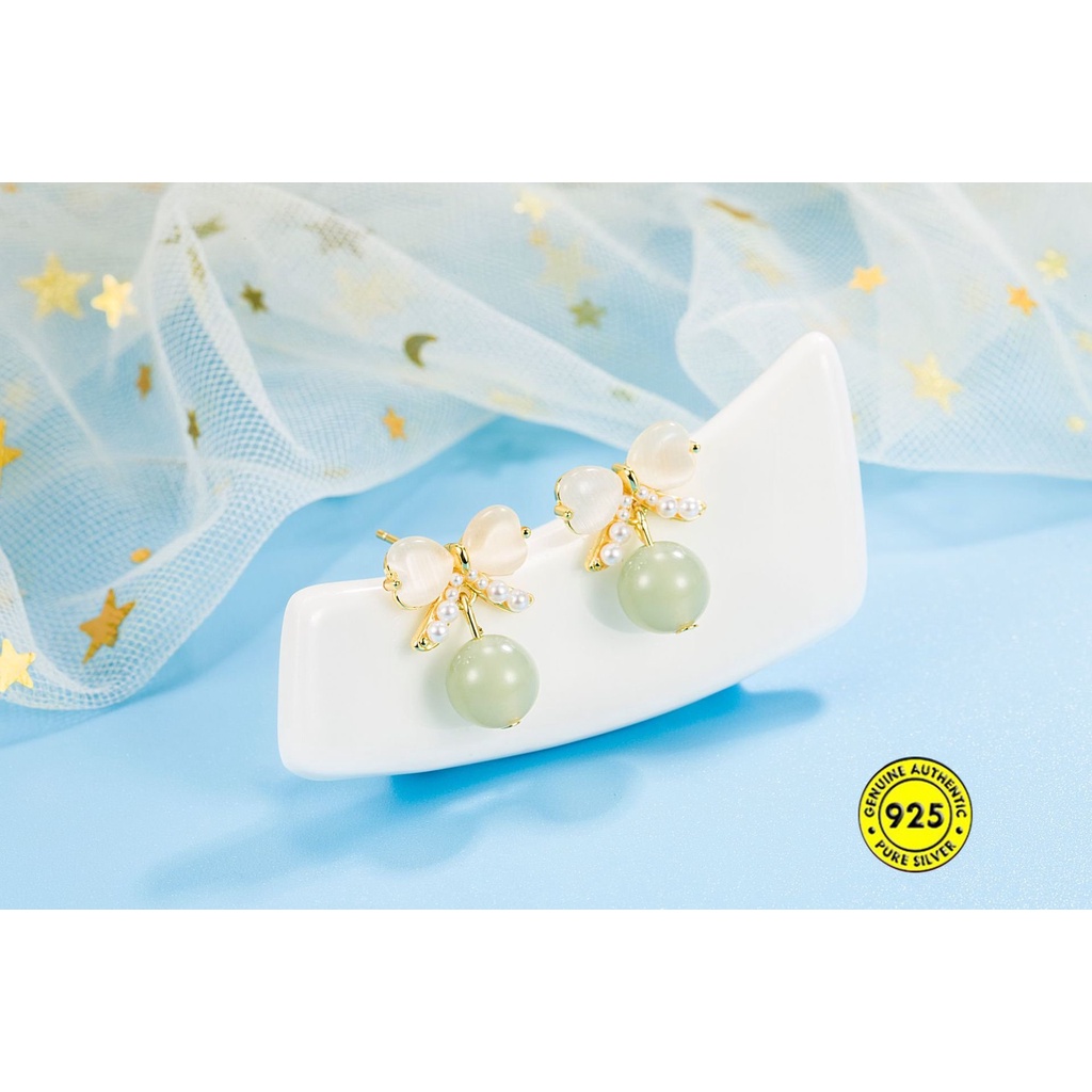 Anting Tusuk Batu Giok Hetian Opal 18K Untuk Wanita U1071