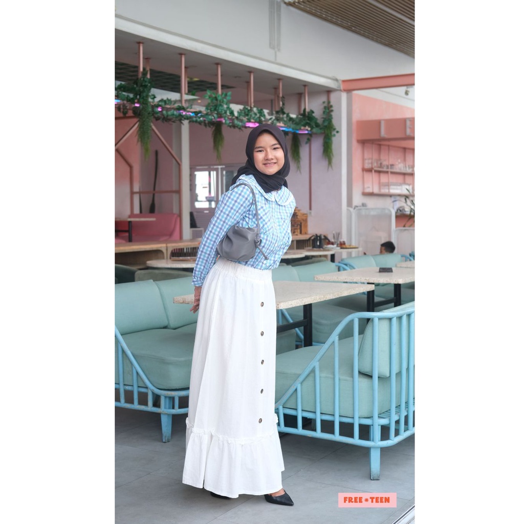 Blouse Atasan Missty Wanita Lengan Panjang Warna Biru Putih Motif Kotak Variasi Kerah Korea (Kalmia 