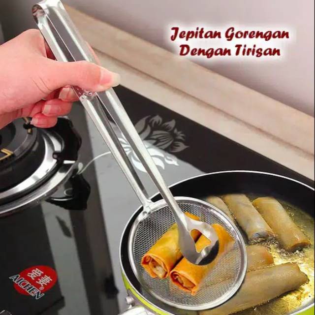 Saringan Gorengan 2in1 Dengan Capitan / Jepitan Capit Gorengan Stainless