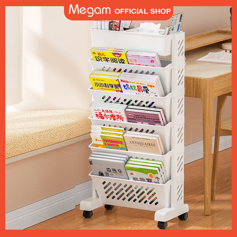 Megam Rak Buku Roda Storage Book Tingkat Minimalis Rak Troli Roda Plastik Multifungsi Organizer Stat